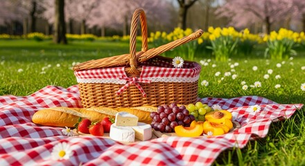 A bright and airy photograph captures a delightful spring picnic scene. A red and white checkered blanket is spread on lush green grass, dotted with small white daisies. A classic wicker picnic basket