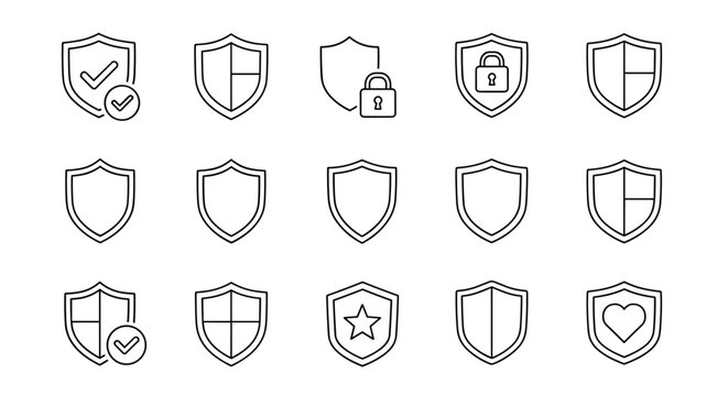 Collection of minimalistic shield icons and pictograms for web and graphic design, apps, banners, social networks, and cards. Vector cartoon illustrations featuring security, protection, and