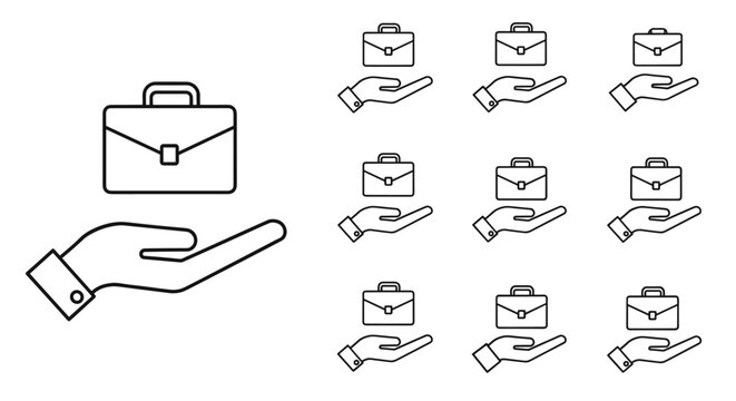 Set of simple line art icons depicting a briefcase held over an open hand, symbolizing business, finance, and career opportunities. This graphic resource collection features a clean, modern design