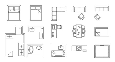 Top-down view vector set of interior design elements and furniture icons, including beds, sofas, dining tables, kitchenettes, bathrooms, and floor plans, perfect for architectural and home design