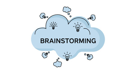 Creative brainstorming session visualized with a lightbulb idea cloud and thought bubbles, representing innovation, problem-solving, and collaborative thinking in a business or educational context