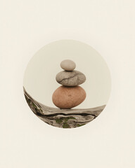 A calm and simple image showing three smooth stones stacked on a piece of driftwood, symbolizing peace, balance, and nature