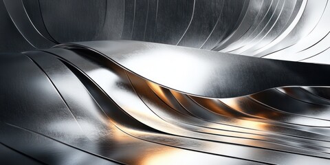 Abstract metallic surface with smooth flowing curves and reflective textures accented by warm golden light glows creating a futuristic and sleek appearance