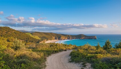 Sunny beach pathway on a hot summer afternoon, ideal for leisure activities
