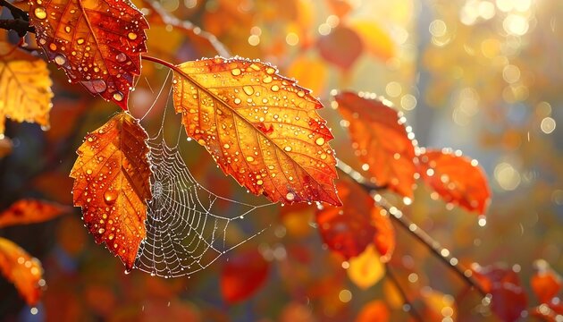 Close-up of vibrant orange and red fall leaves covered in water droplets and a spiderweb, sunlit in a blurred forest background
