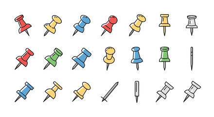 Obraz premium Vibrant Collection of Push Pins and Thumbtacks in Various Colors and Styles, Perfect for School and Office Use. Thin Line Icons with Editable Stroke, Ideal for Websites, Books, Cards, and Apps