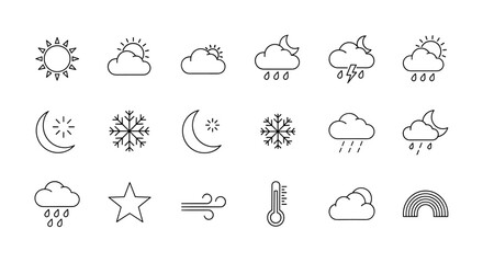 Set of minimalist line vector icons depicting various weather conditions and celestial elements, including sun, clouds, moon, stars, snowflakes, rain, lightning, wind, thermometer, and rainbow