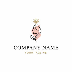 Elegant beauty logo featuring a woman with a floral crown and leaf.