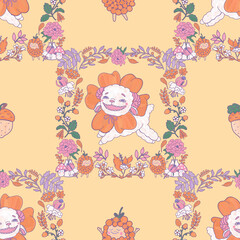 Farm lamb or goat. Checkered floral folk pattern. Botanical orange children's wallpaper. Animals, plants, and flowers wallpaper. Cozy fairytale print.