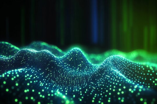 Futuristic cyberspace landscape with glowing network dots and lines representing digital innovation