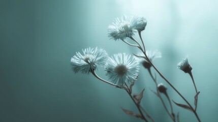 Delicate White Flowers with Soft Focus Against a Muted Teal Background, Evoking Calmness and Serenity in Nature Photography