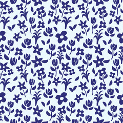 Minimal Floral Seamless Pattern Vector in Blue Tones, featuring minimal hand-drawn, Perfect for textile prints, wallpapers, stationery, wrapping paper, digital backgrounds.