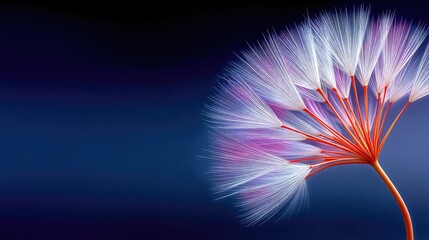 Macro Photograph of a Dried Dandelion Puff with Intricate White Seed Structures and Red Stem on a Dark Blue Gradient Background with Subtle Lighting