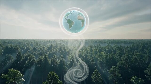 A glowing globe surrounded by trees in a misty forest