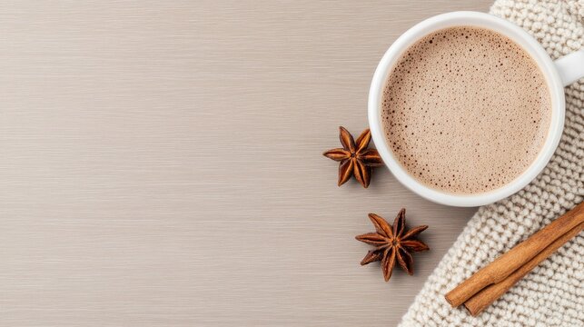 Warm and comforting hot chocolate with cinnamon and vanilla invites cozy moments for new mothers on a serene wooden backdrop
