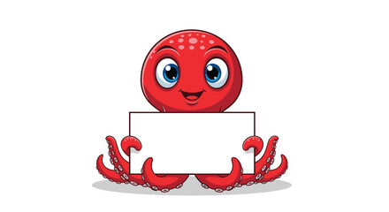 Friendly red cartoon octopus character with a happy face holding a blank rectangular banner, ready for your custom message or advertisement.