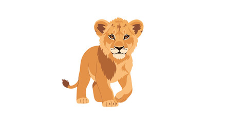 A charming cartoon illustration of an adorable lion cub with light brown fur and playful eyes, walking forward against a clean white background.