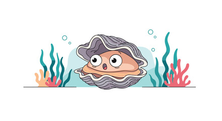 A cute, surprised oyster with wide eyes and an open mouth peeks out from its shell in a whimsical underwater scene with sea plants and bubbles.