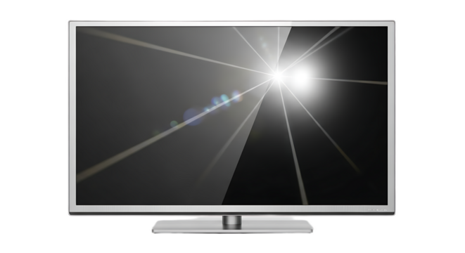 A television displaying a bright light with streaks across the screen and a silver frame around it