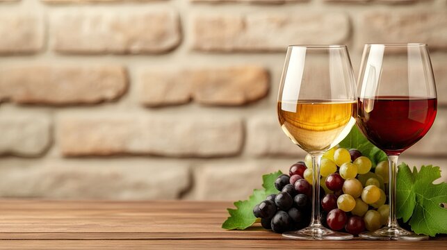 Celebrating the art of winemaking with diverse selection of wines on rustic wooden table against brick wall backdrop