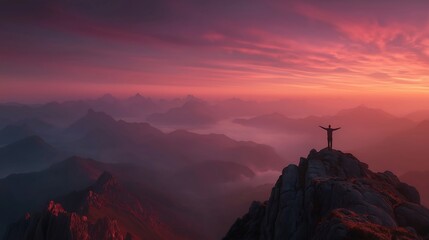 Person triumphing on mountain peak at sunrise, arms outstretched, serene expression