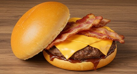 Close-up of a burger on a wooden table, featuring bacon, cheese, and a glazed bun