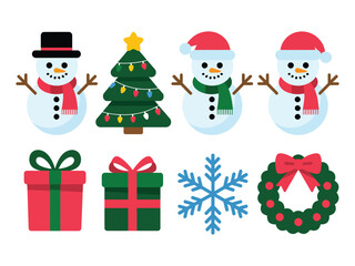 A collection of festive Christmas icons including snowmen, a tree, gifts, a snowflake, and a wreath.