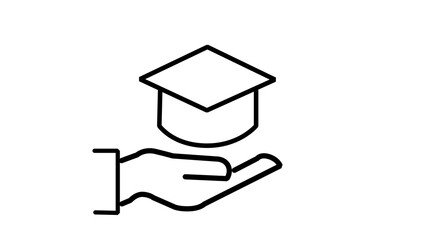 Hand holding graduation cap simple line art icon for education and academic achievement isolated on white background
