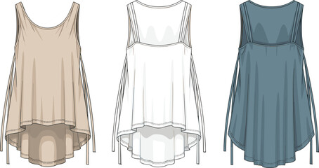 Sleeveless top illustration, high-low hemline, scoop neckline, fashion sketch, flowing silhouette, garment design, clothing template, front view, draped side panels, vector drawing