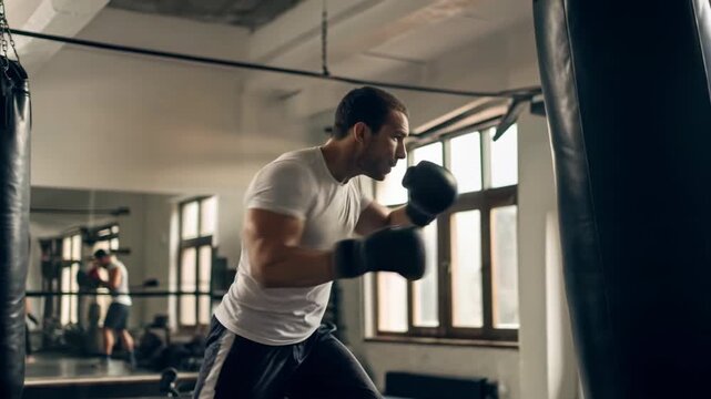Man punching heavy bag boxing glove training gym workout fitness punching bag young man boxing training focused determination boxer boxing glove