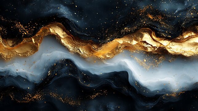 Abstract flowing gold and dark blue liquid marble texture background