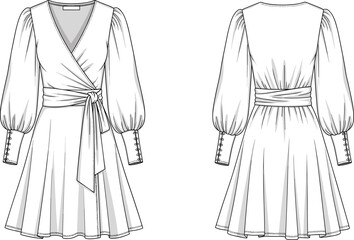 Wrap-style dress illustration, V-neckline, voluminous sleeves, sash waist, flared skirt, fashion sketch, garment construction, front and back view, clothing template, vector drawing
