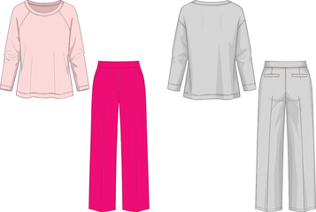 Casual outfit illustration, raglan sleeve top, wide-leg pants, fashion sketch, garment design, front and back view, loungewear set, clothing template, vector drawing