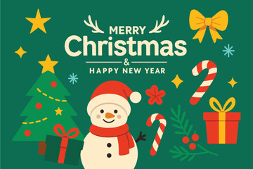 Merry Christmas and Happy New Year Greeting with Snowman