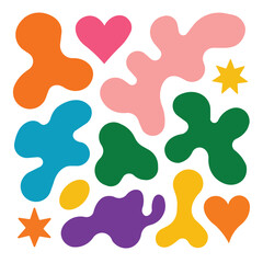 Abstract colorful blob shapes with hearts and stars. Playful organic doodle vector pattern background. Modern groovy art design.