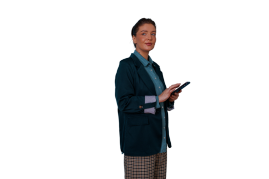 Businesswoman standing, holding smartphone and typing, communicating with mobile device, transparent background - Powered by Adobe