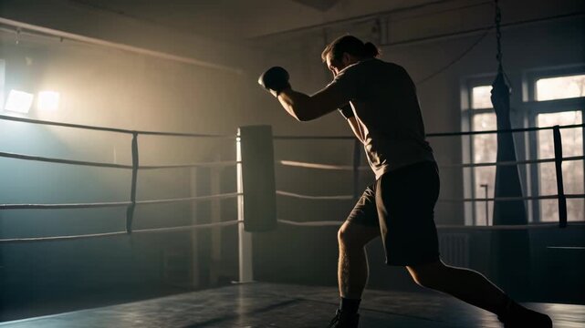 Male boxer training dimly lit boxing ring with shadowed silhouette and boxing glove defensive stance, athlete training intensity and focused workout