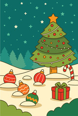 Christmas Tree with Gifts and Ornaments Under Starry Night