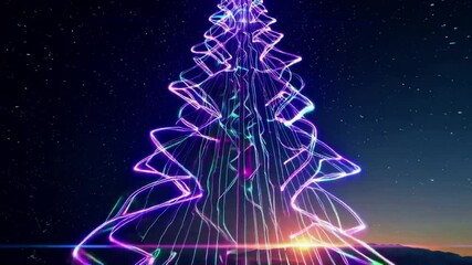 Abstract digital art of a Christmas tree created with colorful flowing light trails under a starry sky, a modern and futuristic holiday concept