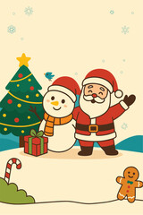 Santa and Snowman Illustration with Christmas Tree and Gifts