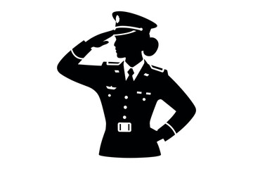 Silhouette of a female military officer in uniform saluting against a white background in a sign of respect