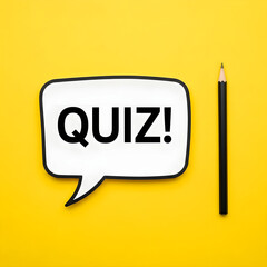 Bright yellow background featuring a white speech bubble with the word quiz and a pencil
