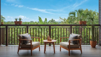 Obraz premium Chic wooden chairs with cushions and a small wooden table on a balcony, ideal for relaxation