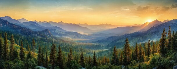 Sunset over a vast mountainous landscape with dense evergreen forests and misty valleys illuminated by warm golden light