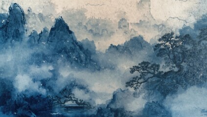 Landscape painting featuring a blue atmospheric background in the Chinese style, artistic interpretation of nature
