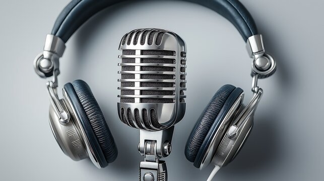 Top view of wired headphones & retro microphone on off-white surface - Powered by Adobe