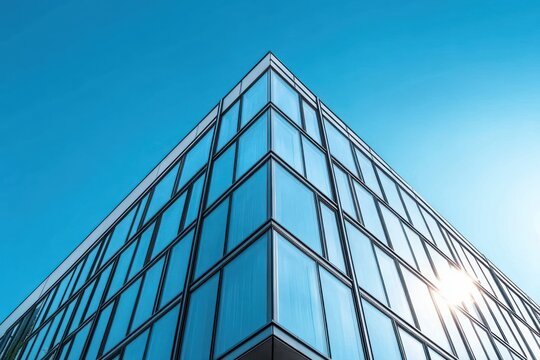 Modern glass building with reflective blue windows and sharp geometric lines under a clear bright blue sky with sunlight glare