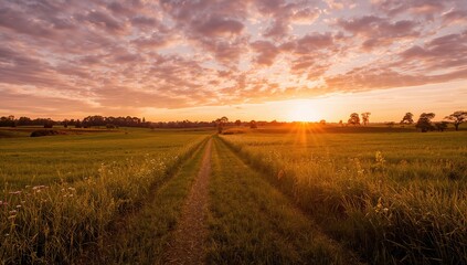 Fototapeta premium Lush Green Meadow Beneath a Vibrant Sunset, Seasonal Change