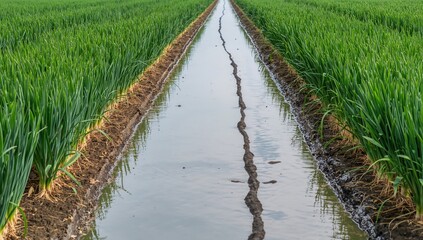 Irrigation channels supplying water to a farm cultivating leeks and onions. Sustainable farming and environmental protection. Nurturing crops and promoting food production.