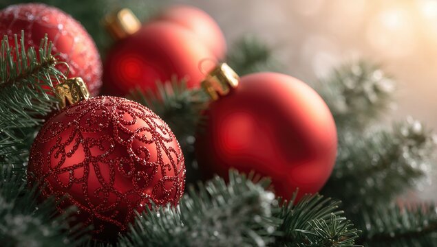 Close-up view of holiday ornaments, vibrant colors and intricate designs, festive decoration theme